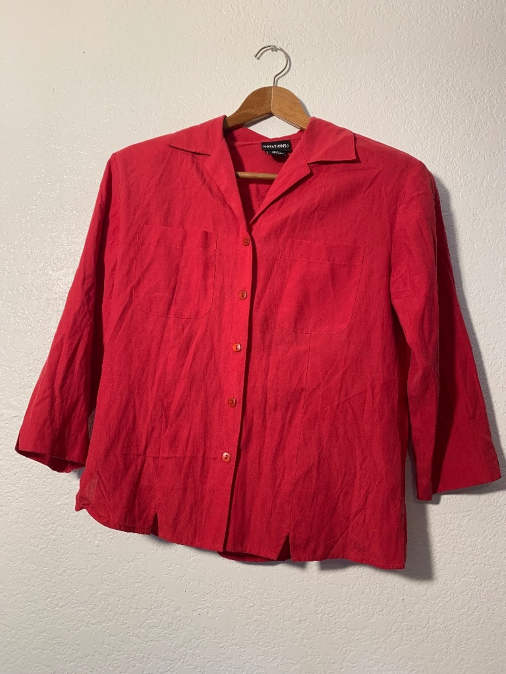 Vintage Notations 100% Silk Red Button Down Casual 3/4 Sleeve | S